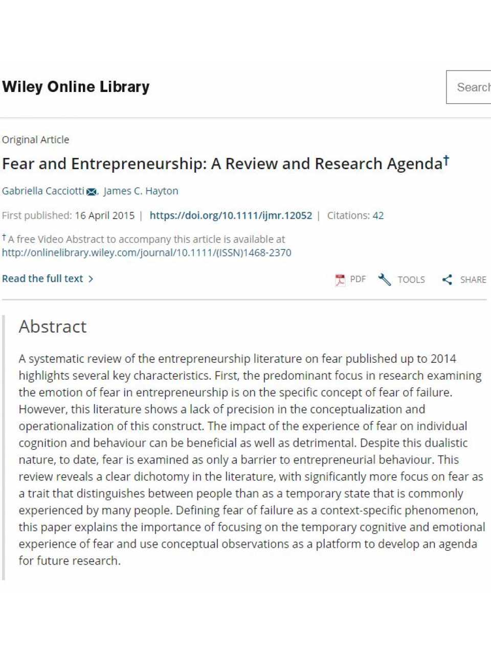 Fear and Entrepreneurship: A Review and Research Agenda
