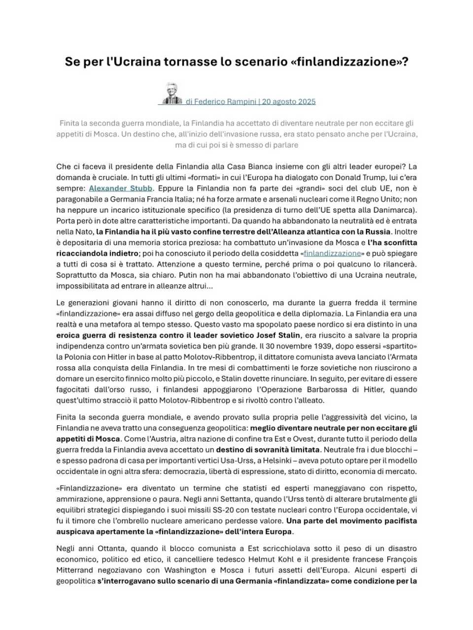 Se per l'Ucraina tornasse lo scenario «finlandizzazione»?