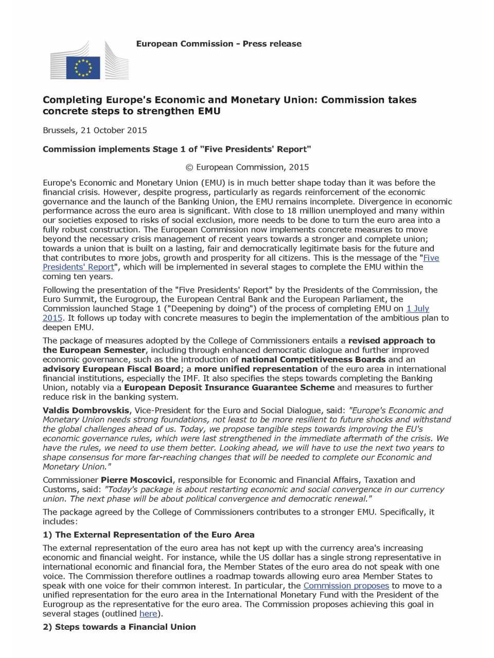 Completing Europe's Economic and Monetary Union: Commission takes Concrete Steps to Strengthen EMU