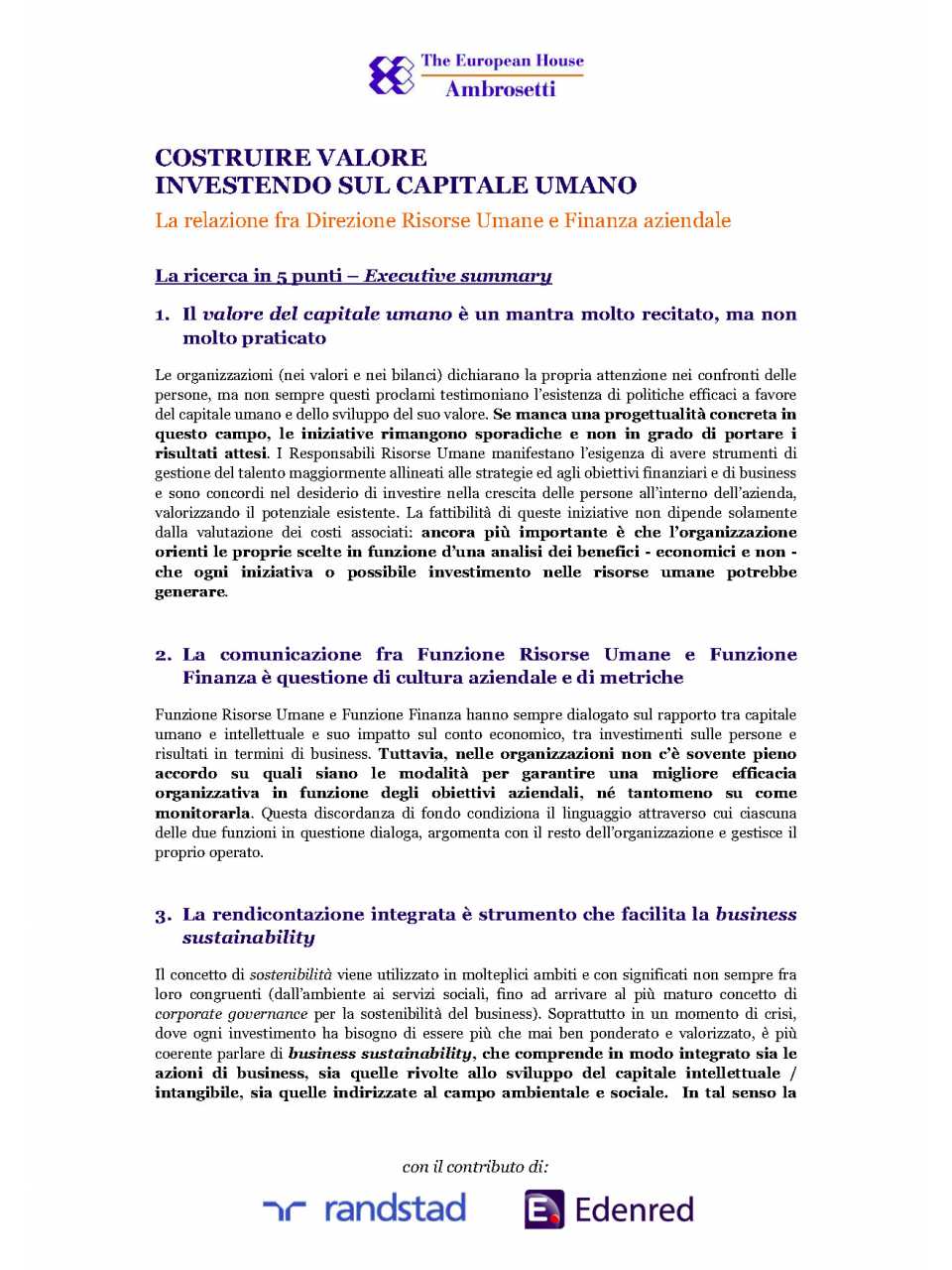 Costruire valore investendo sul capitale umano. La relazione fra Direzione Risorse Umane e Finanza Aziendale (Executive Summary)