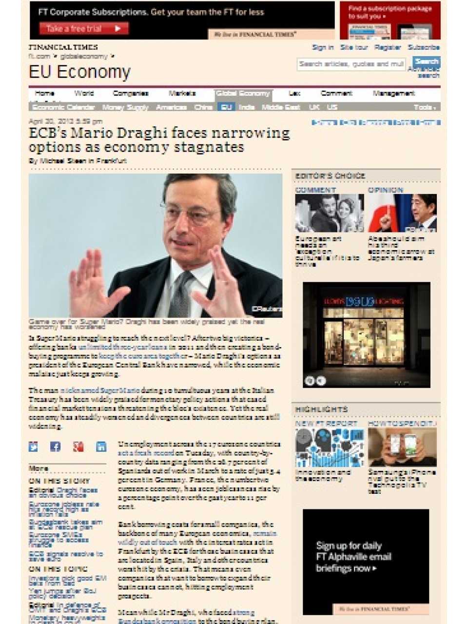 ECB’s Mario Draghi faces narrowing options as economy stagnates