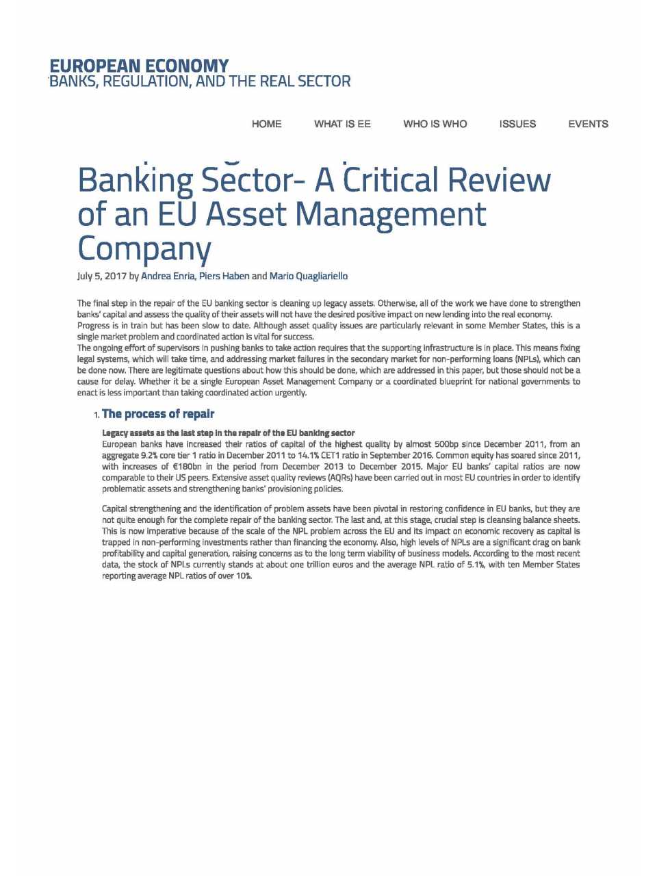 Completing the Repair of the EU Banking Sector. A Critical Review of an EU Asset Management Company