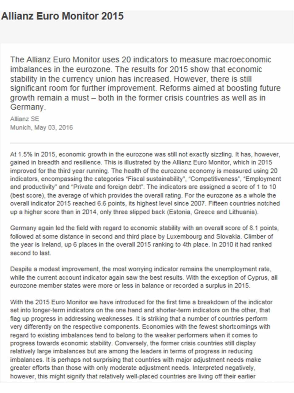 Allianz Euro Monitor 2015