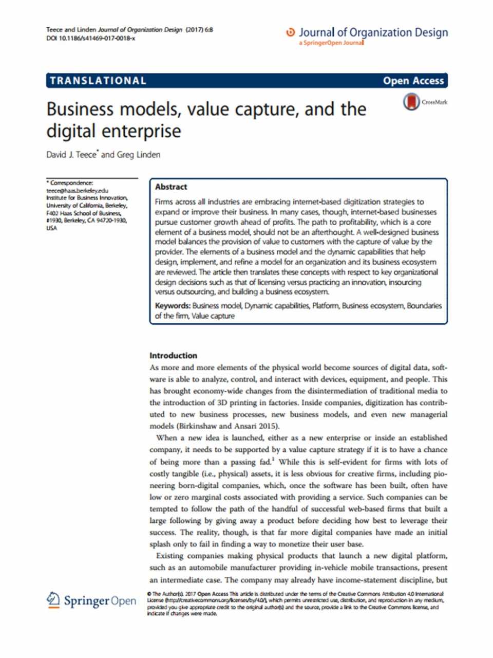 Business Models, Value Capture, and the Digital Enterprise