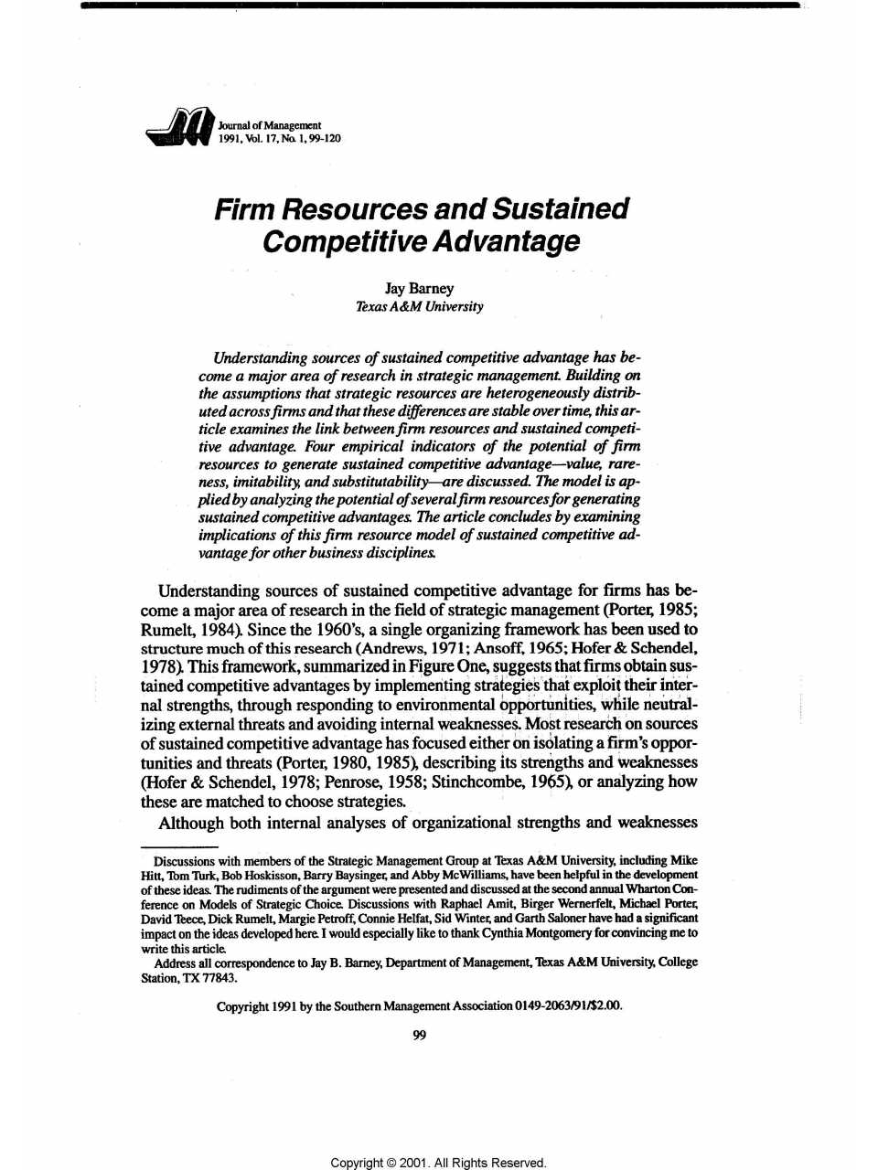 Firm Resources and Sustained Competitive Advantage