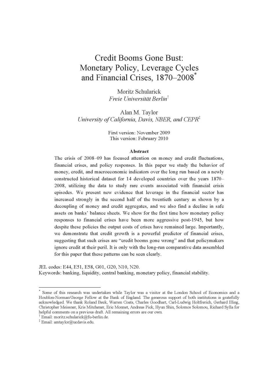 Credit Booms Gone Bust: Monetary Policy, Leverage Cycles and Financial Crises, 1870–2008