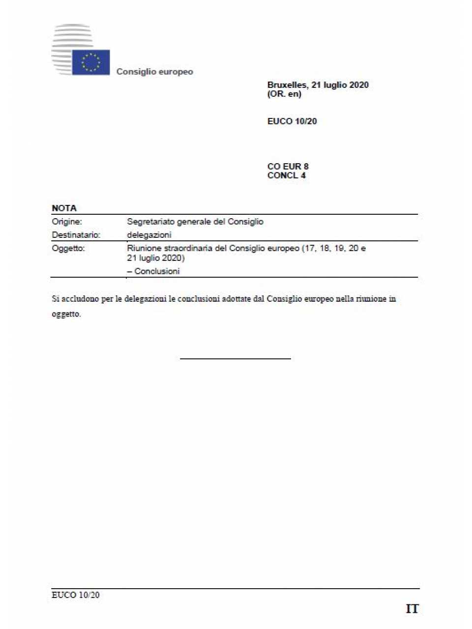 Conclusioni del Consiglio Europeo Strordinario - 17-21 luglio 2020