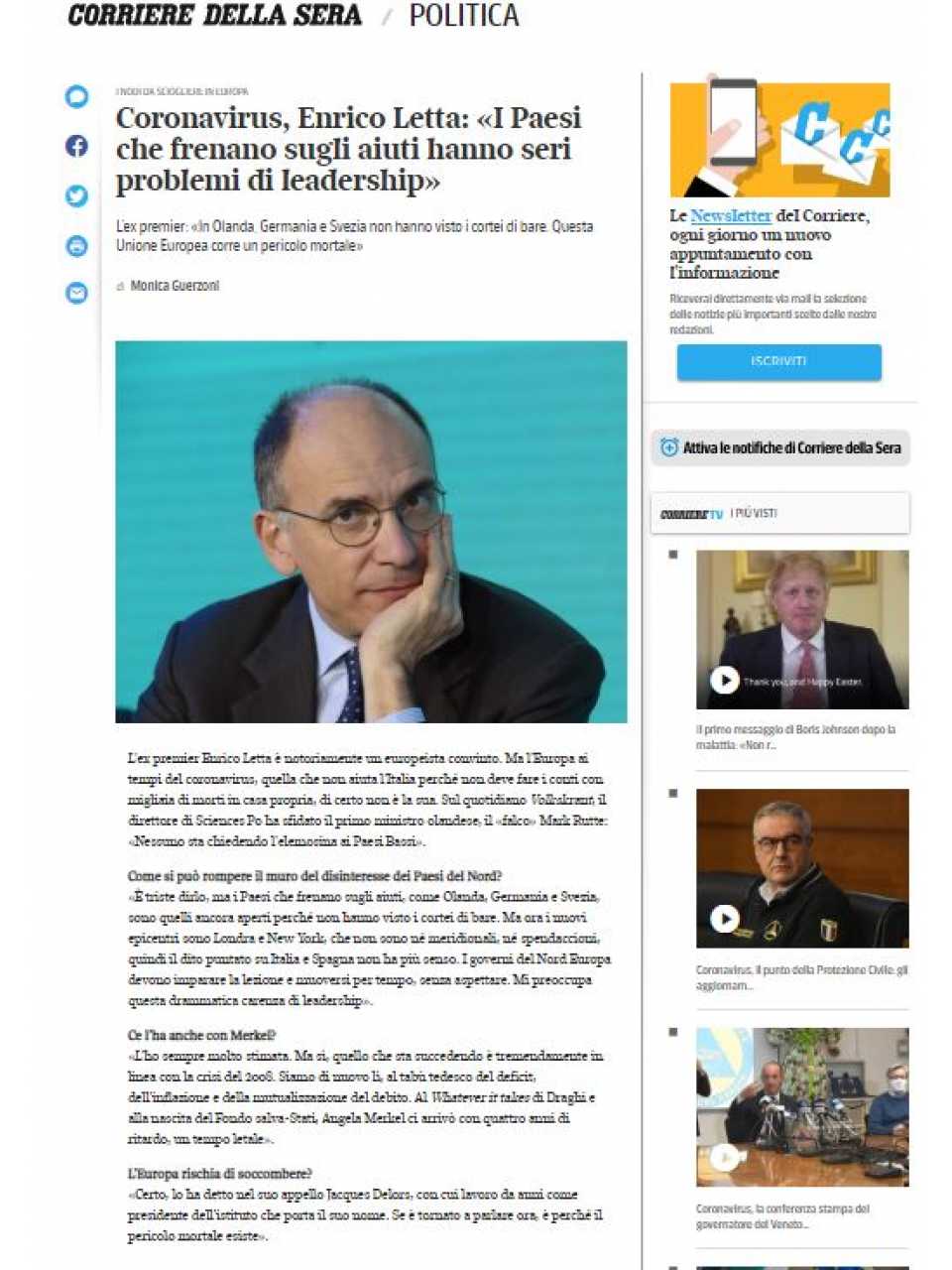 Coronavirus, Enrico Letta: I Paesi che frenano sugli aiuti hanno seri problemi di leadership