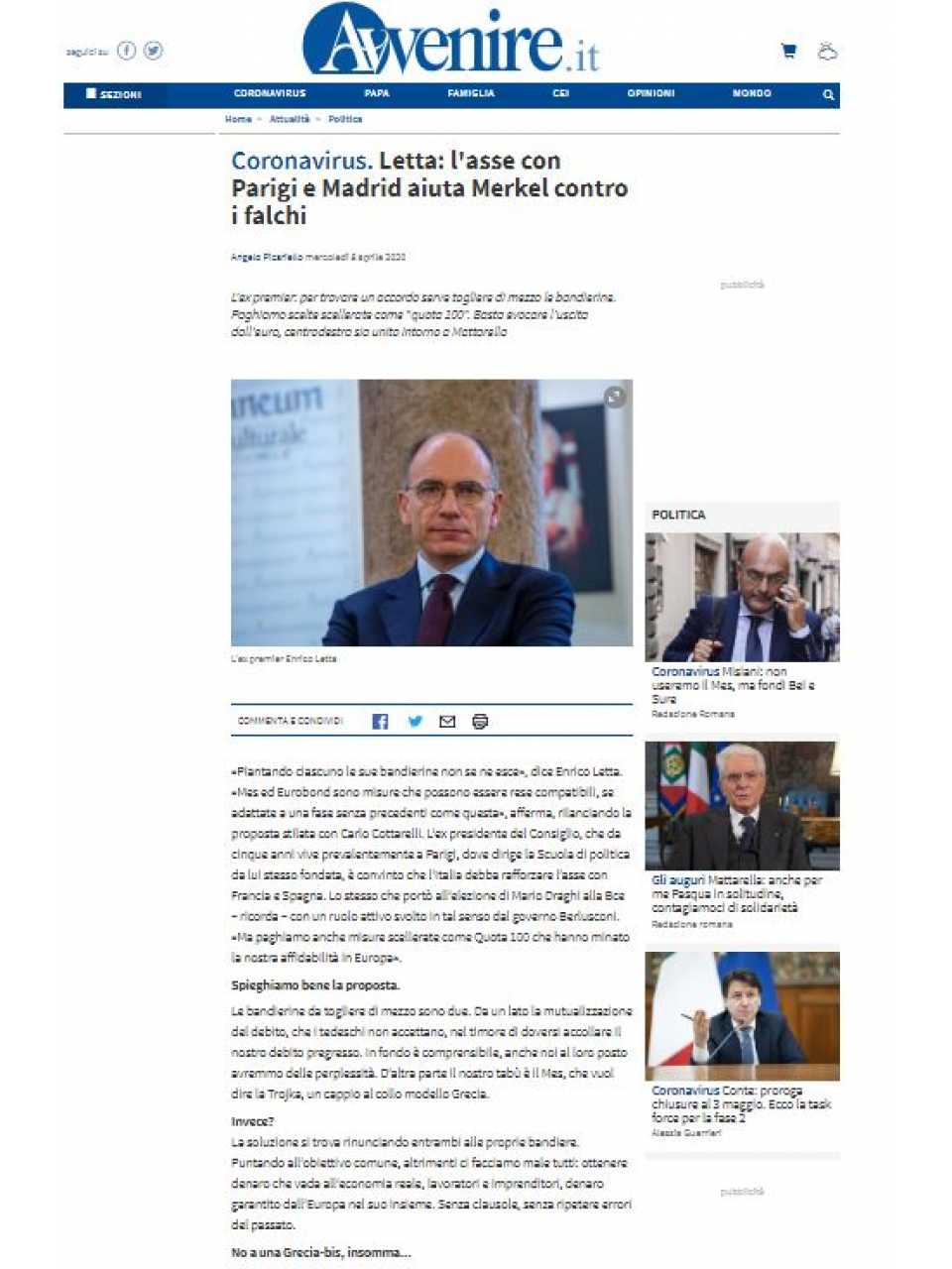 AGGIORNAMENTO PERMANENTEVIA WEBItalia, Francia e Unione Europea ai tempi del Coronavirus: scelte politiche e ruolo dell’Europa 