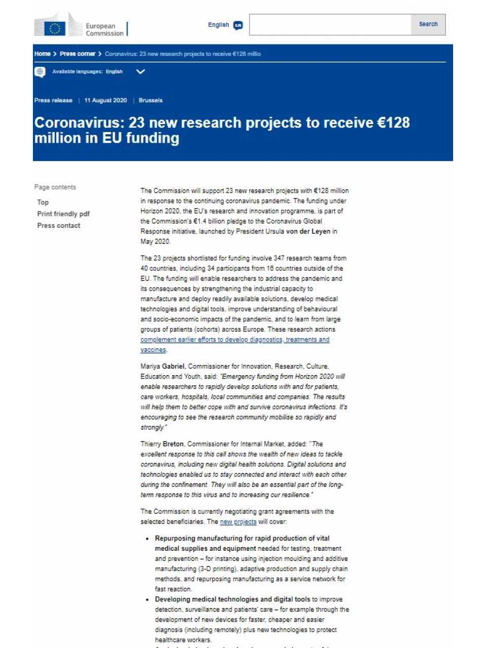 Coronavirus: 23 new research projects to receive €128 million in EU funding