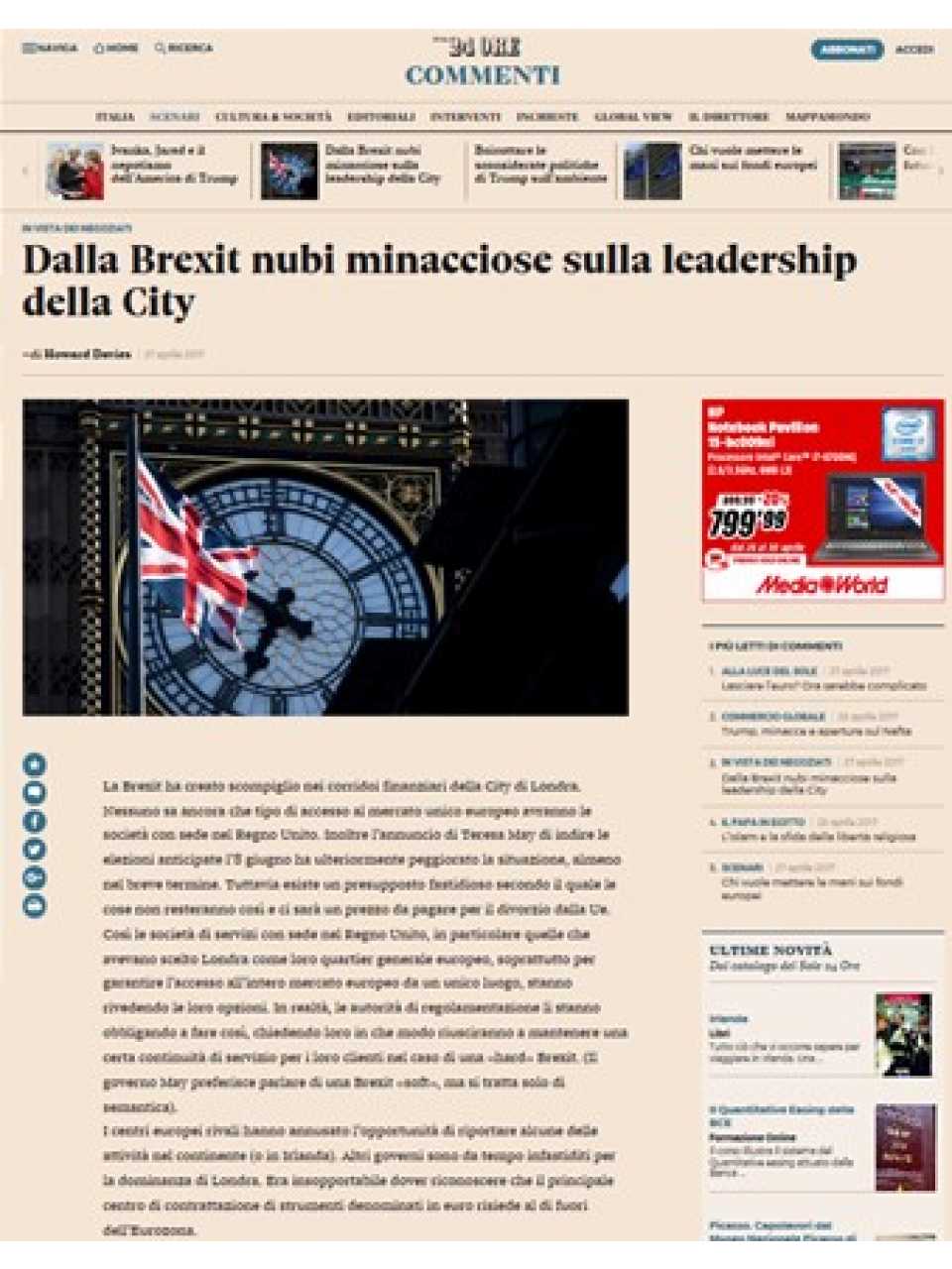 Dalla Brexit nubi minacciose sulla leadership della City
