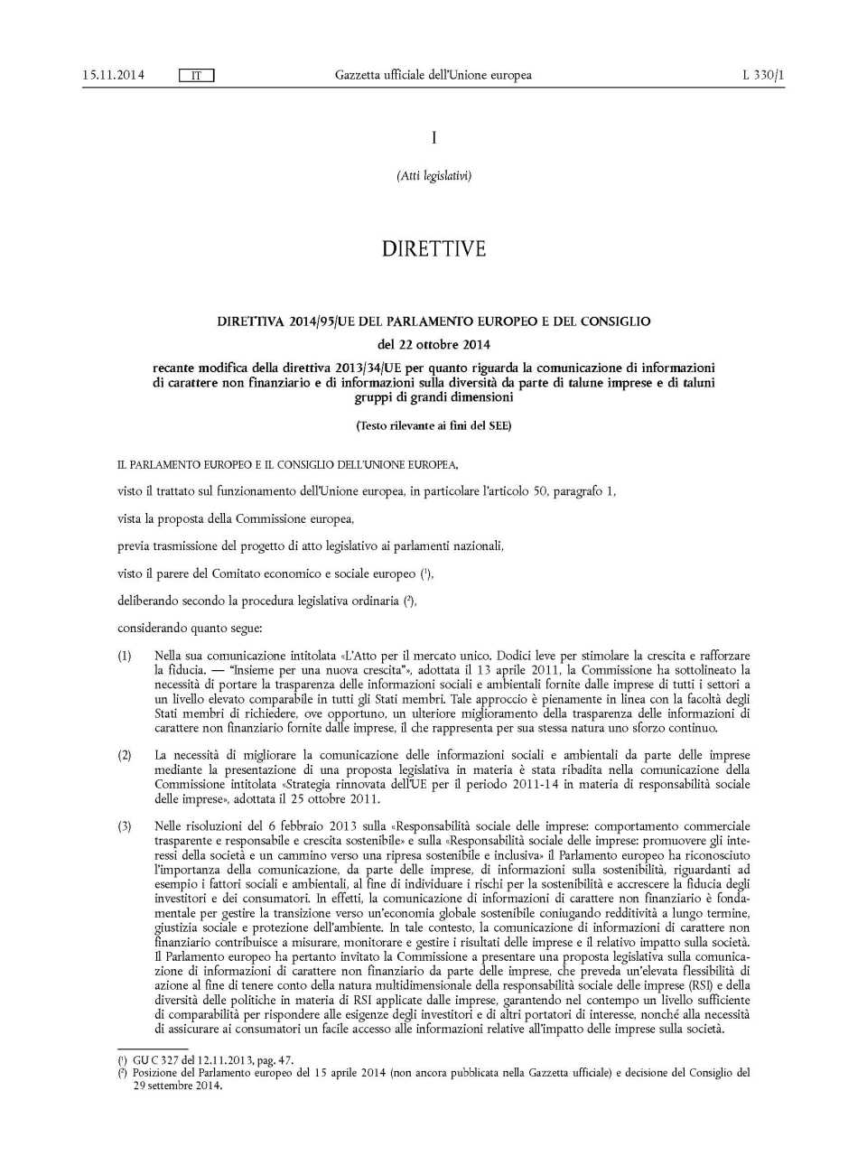 Direttiva 2014/95/UE del Parlamento Europeo e del Consiglio del 22 ottobre 2014