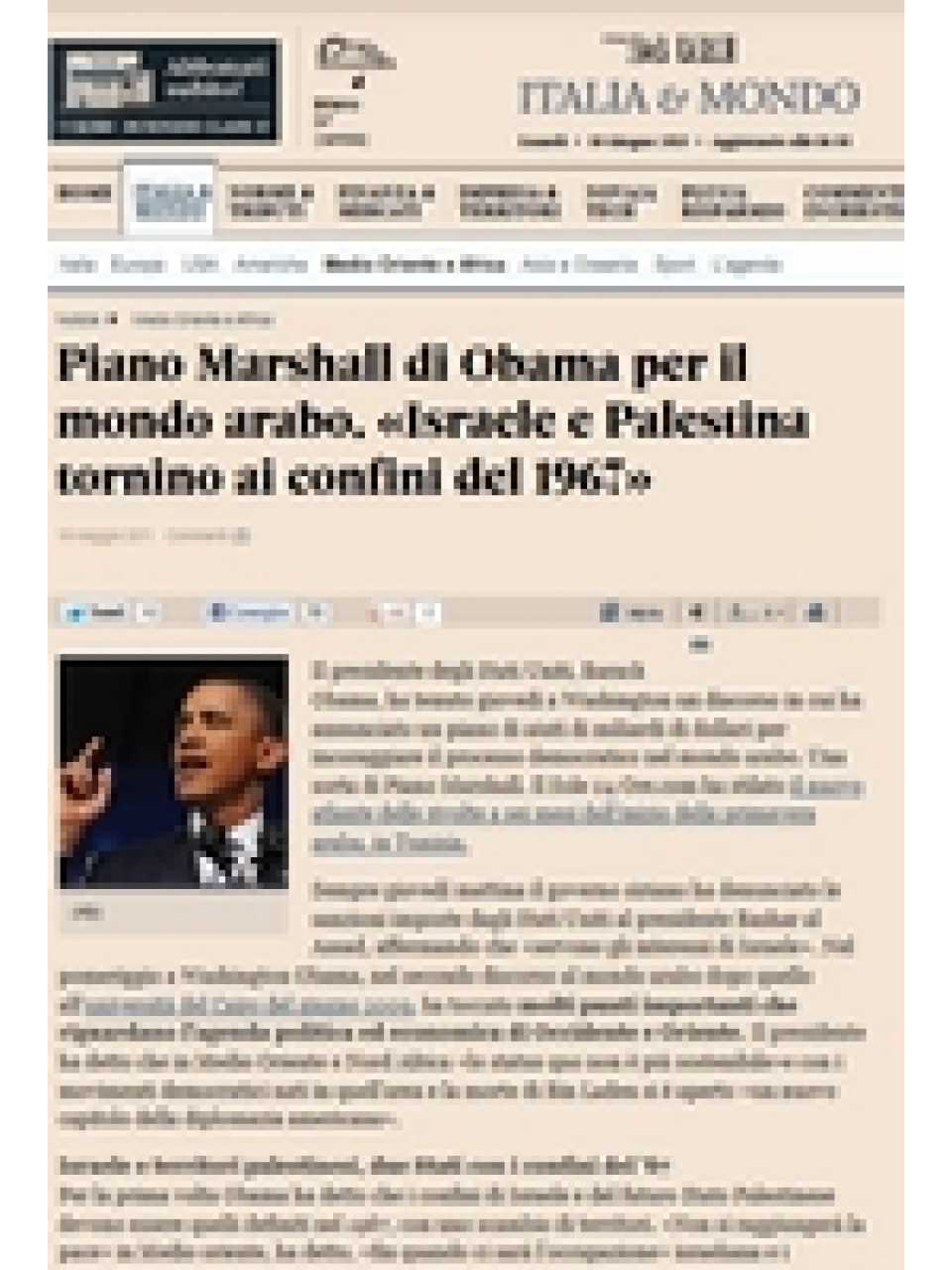 Piano Marshall di Obama per il mondo arabo. Israele e Palestina tornino ai confini del 1967