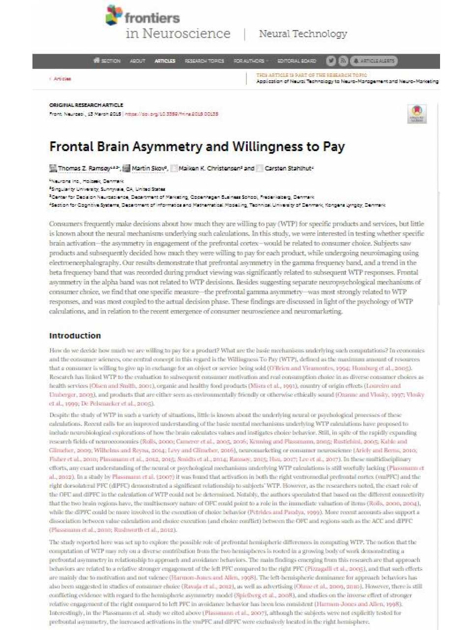 Frontal Brain Asymmetry and Willingness to Pay