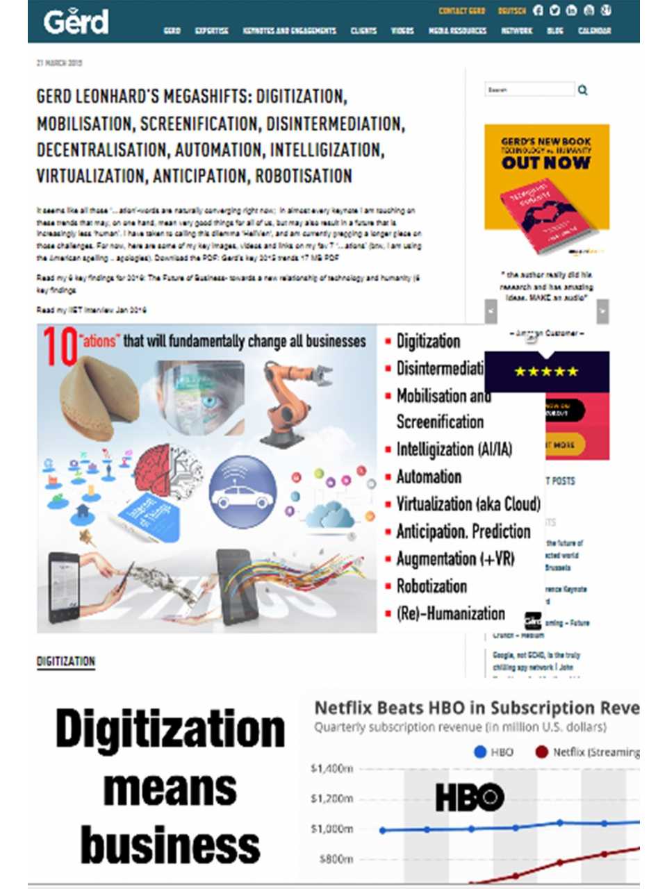 Gerd Leonhard's megashifts: Digitization, Mobilisation, Screenification, Disintermediation, Decentralisation, Automation, Intelligization, Virtualizat