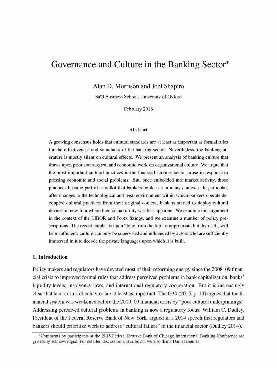 Governance and Culture in the Banking Sector