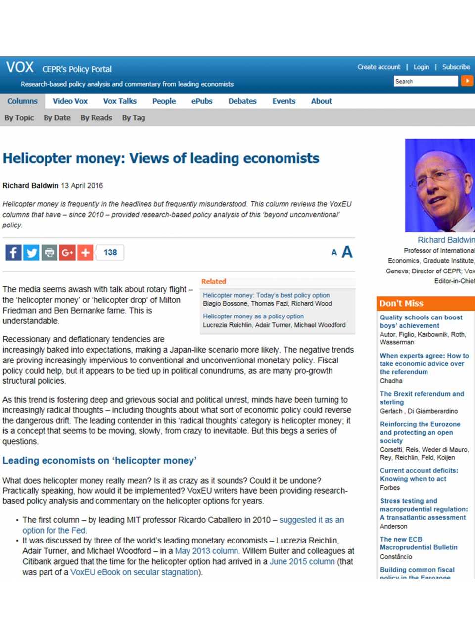 Helicopter money: Views of leading economists