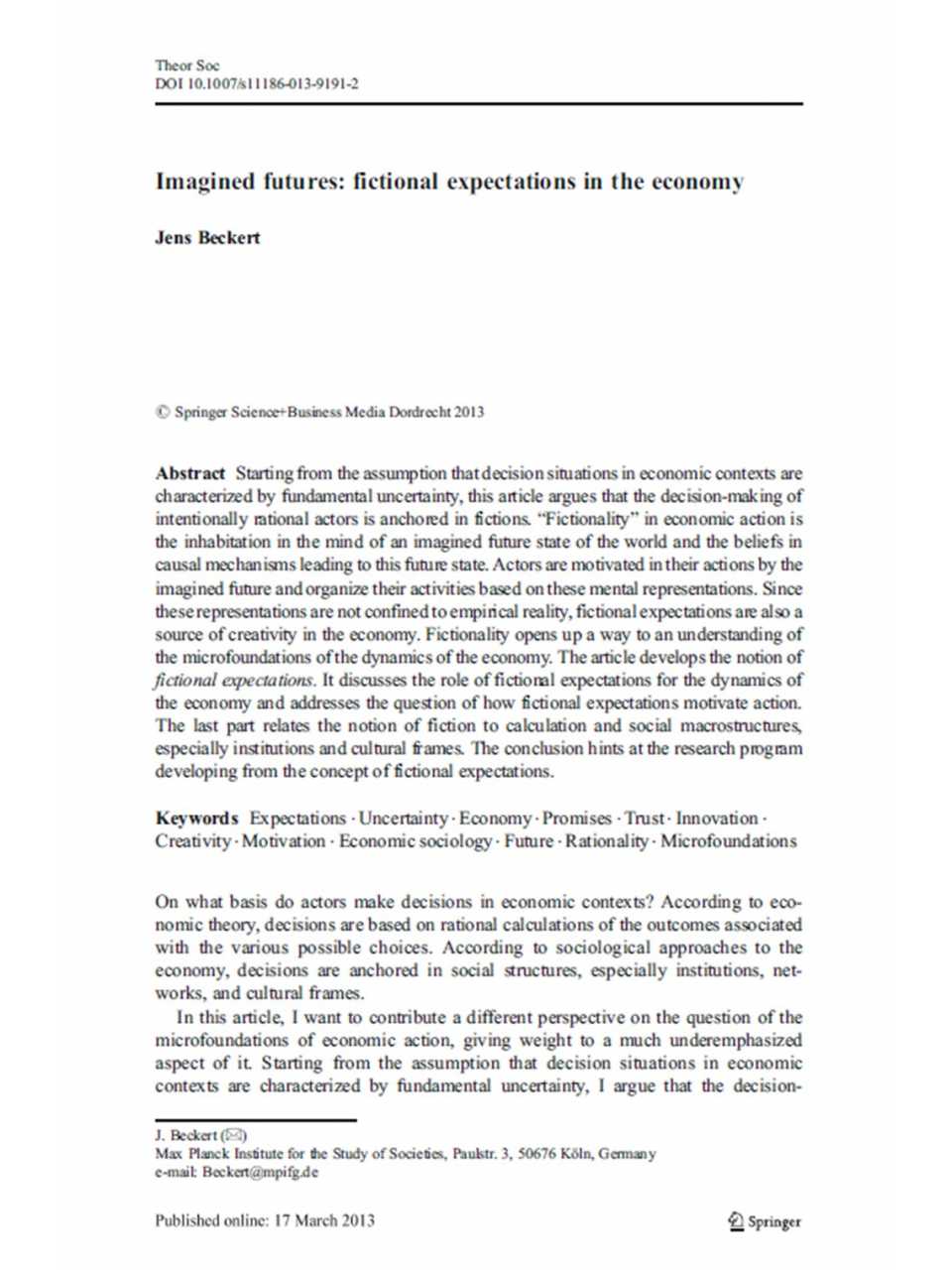 Imagined futures: fictional expectations in the economy