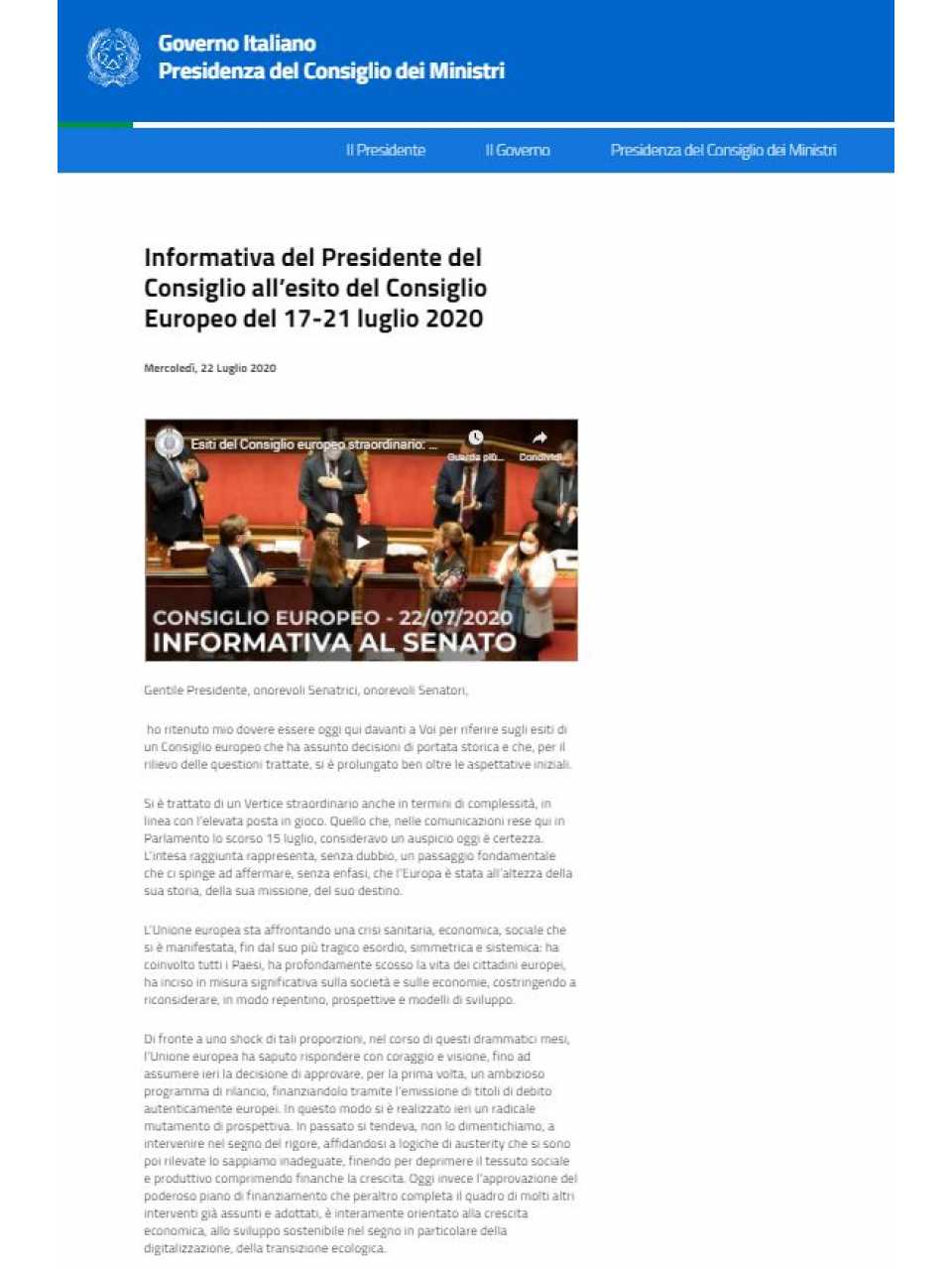 Informativa del Presidente del Consiglio all’esito del Consiglio Europeo del 17-21 luglio 2020