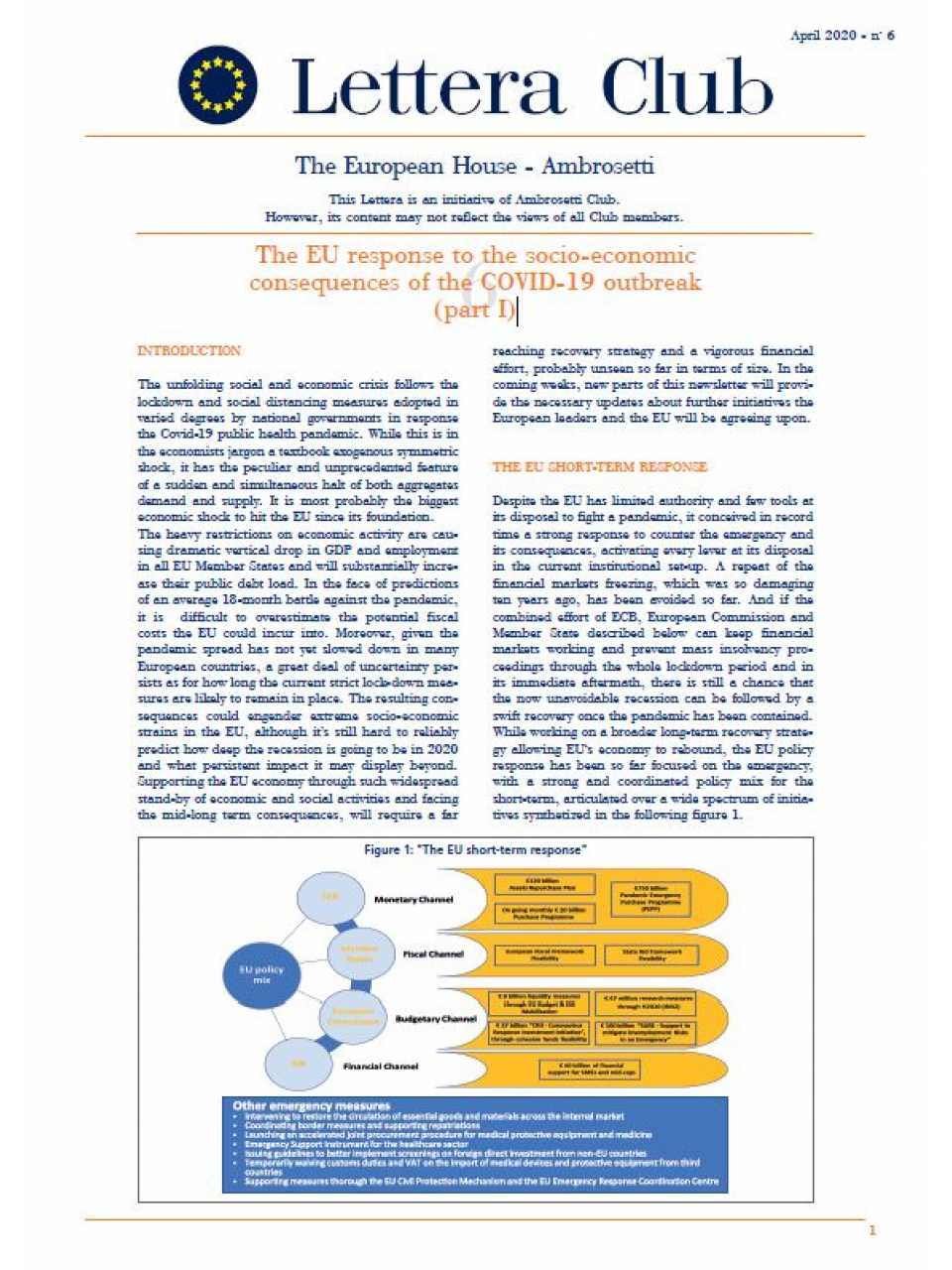 Lettera Club - The EU response to the socio-economic consequences of the COVID-19 outbreak (part I)