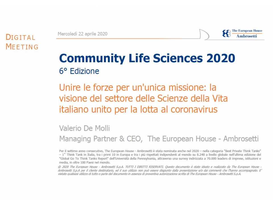 Unire le forze per un'unica missione: la visione del settore delle Scienze della Vita italiano unito per la lotta al coronavirus