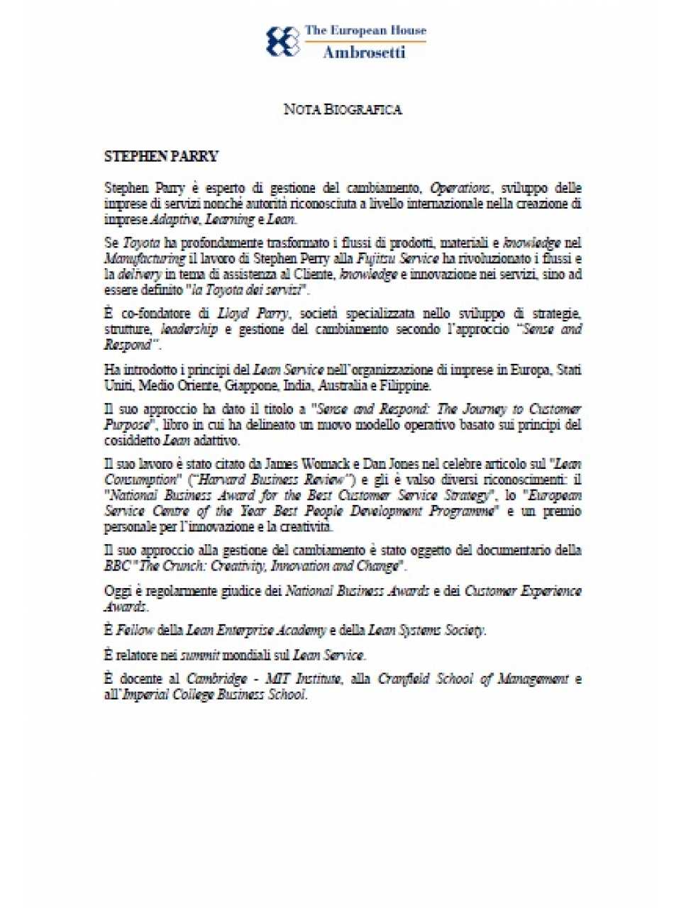 Nota biografica - Stephen Parry