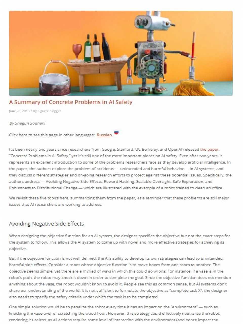 A Summary of Concrete Problems in AI Safety