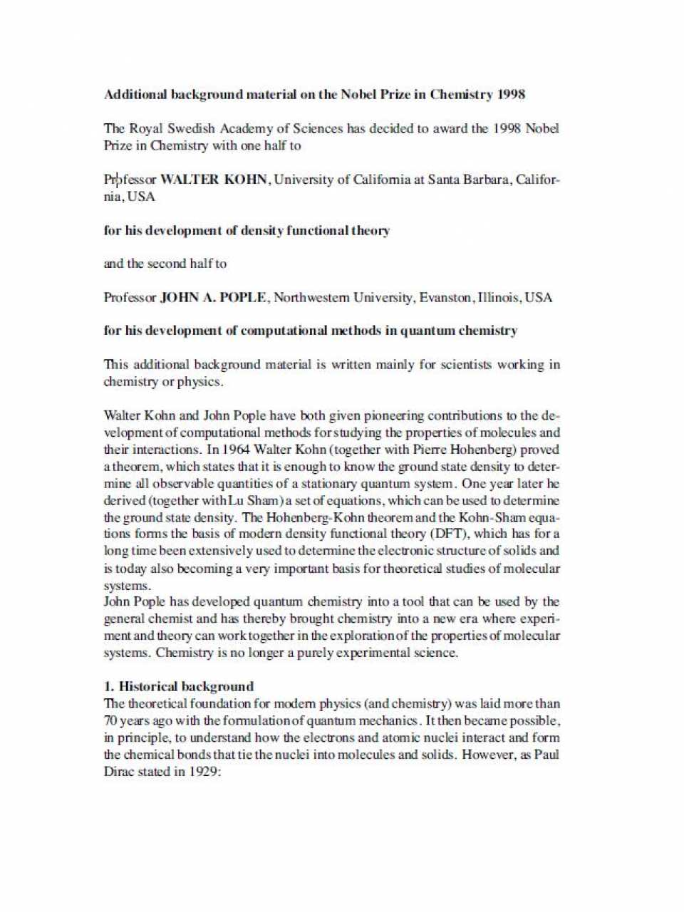 Additional background material on the nobel prize in chemistry 1998