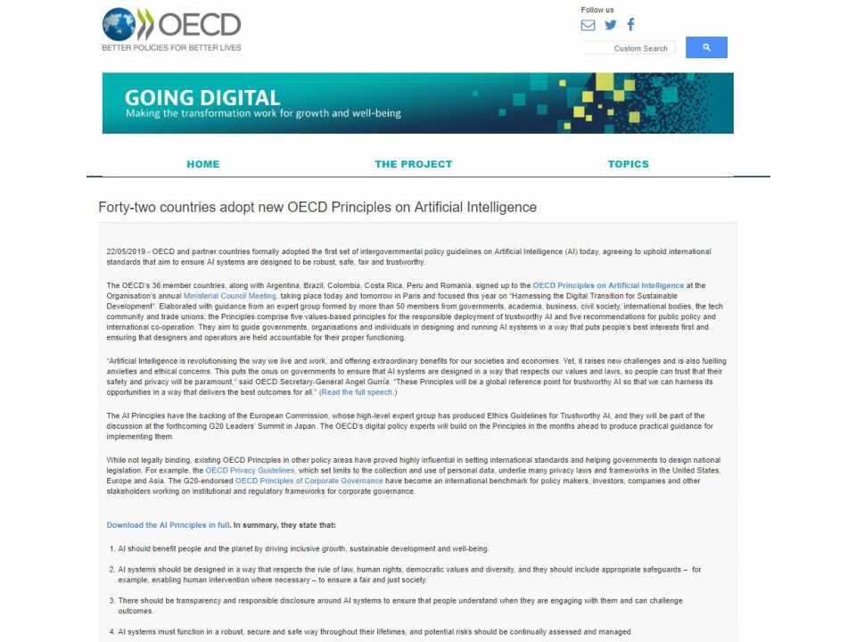 Forty-two countries adopt new OECD Principles on Artificial Intelligence