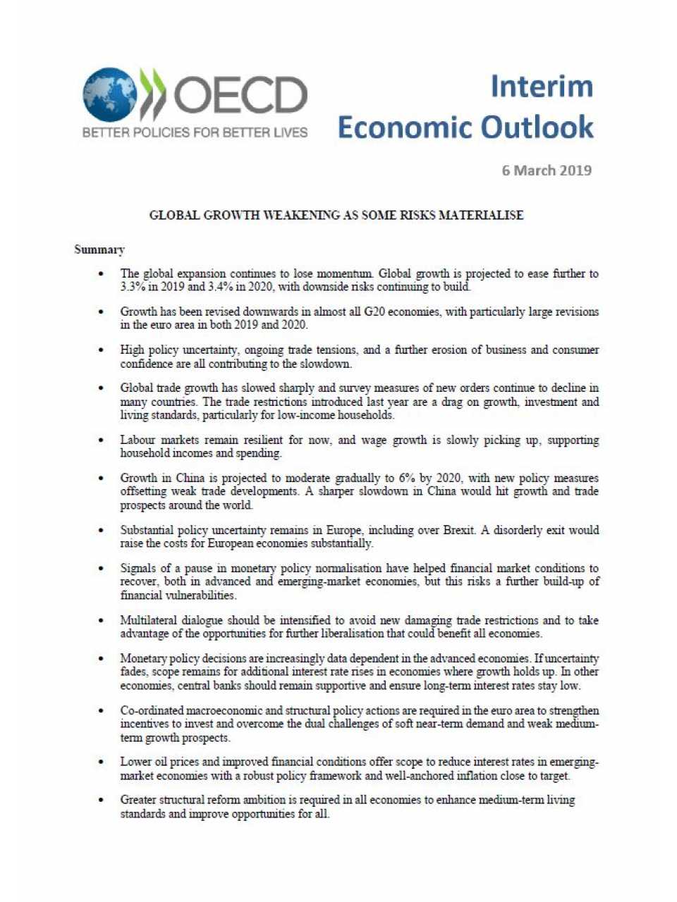Global growth weakening as some risks materialise