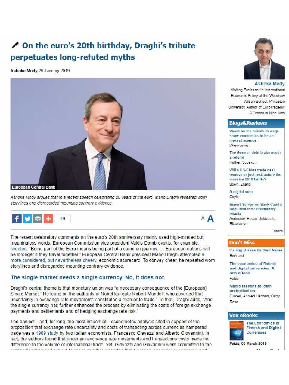 On the euro's 20th-anniversary, Draghi's tribute perpetuates long-refuted myths