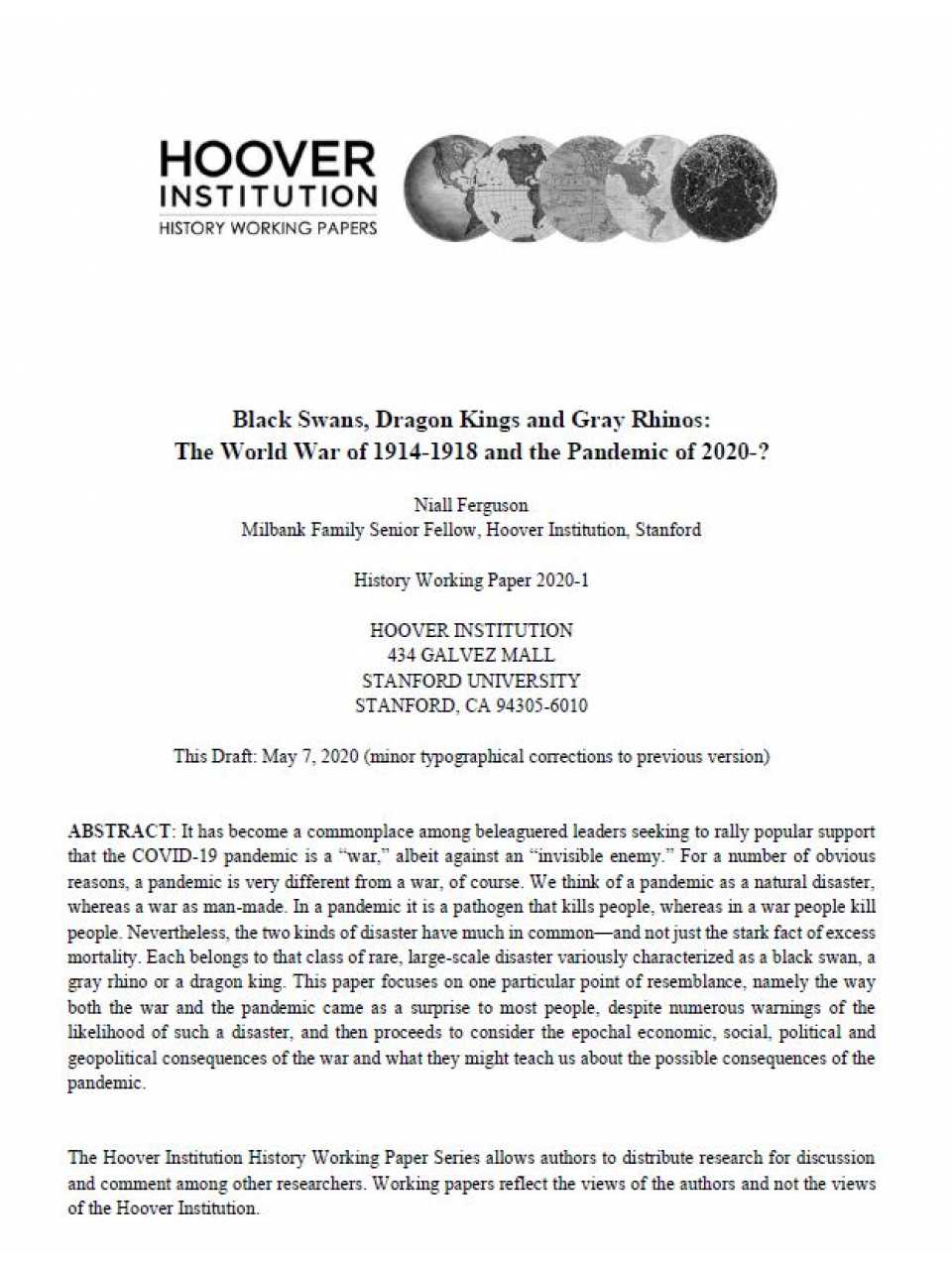 Black Swans, Dragon Kings and Gray Rhinos:   The World War of 1914-1918 and the Pandemic of 2020-?