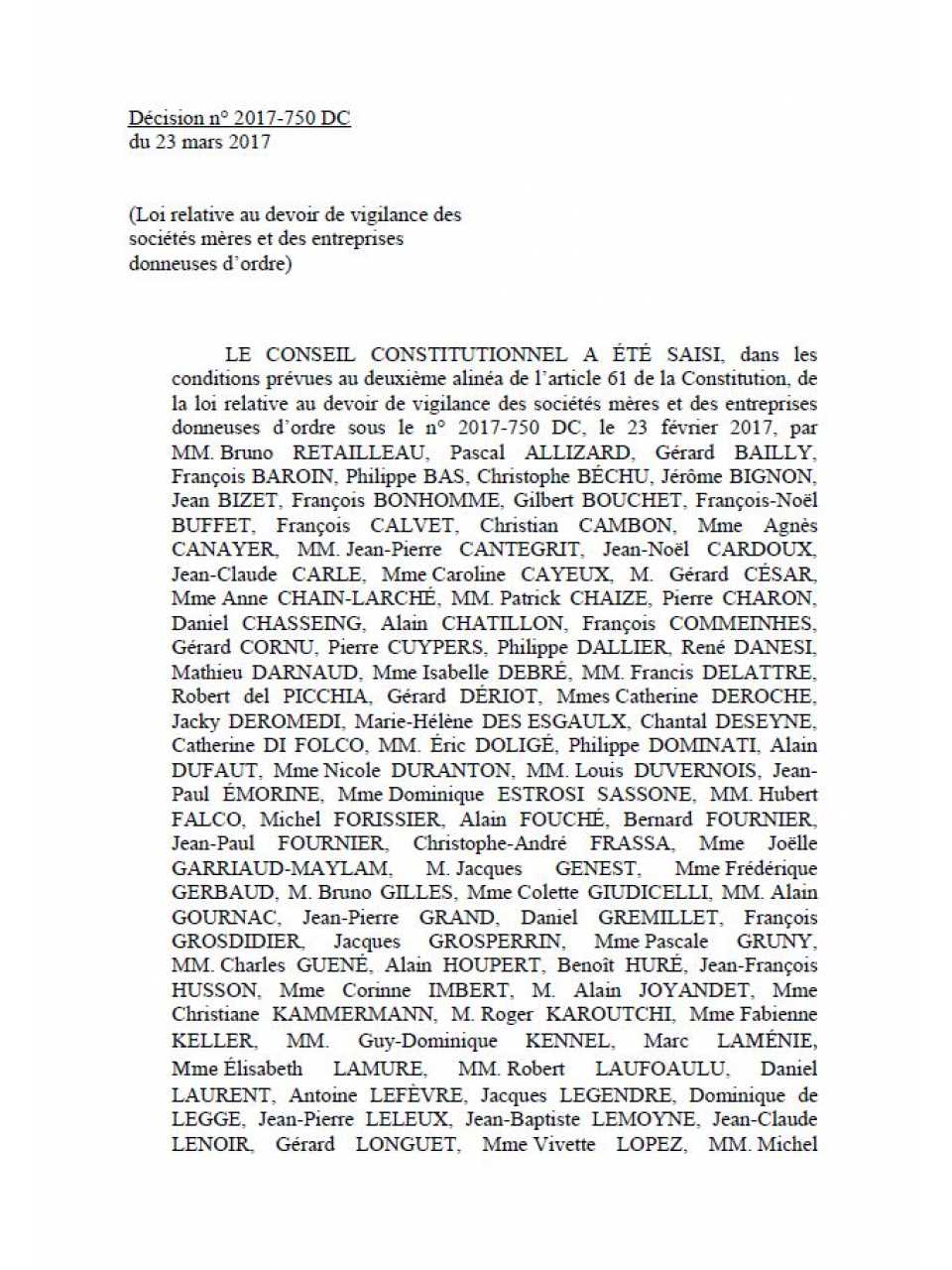 Conseil Constitutionnel de la République Française. Décision n° 2017-750 DC du 23 mars 2017. Loi relative au devoir de vigilance des sociétés