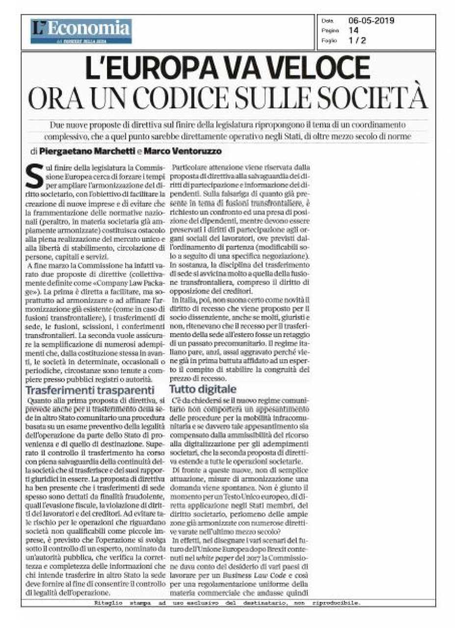 L'Europa va veloce. Ora un codice sulle società