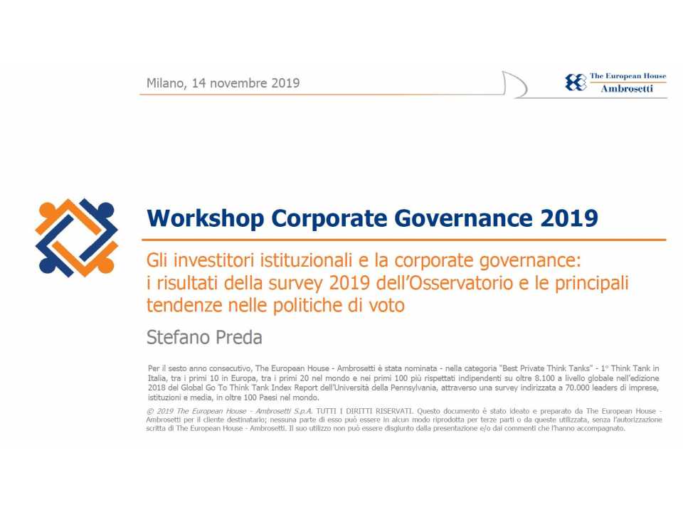 Gli investitori istituzionali e la Corporate Governance:  i risultati della survey 2019 dell'Osservatorio