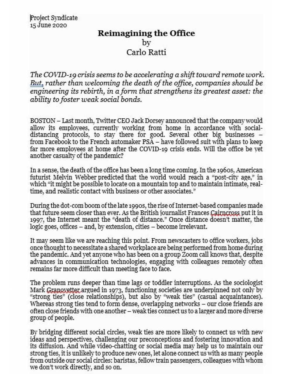 AGGIORNAMENTO PERMANENTEIN PRESENZA
Incontro con Carlo Ratti
La città del futuro tra sensori, reti interconnesse e architettura sensibile