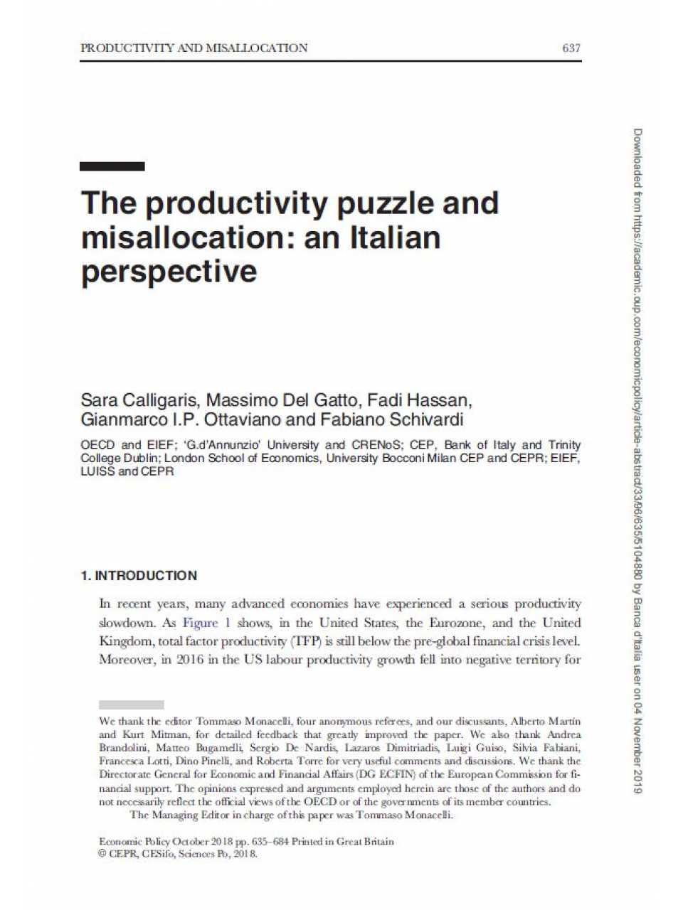 The productivity puzzle and misallocation: an Italian perspective