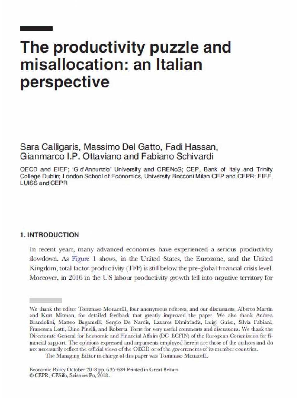 The productivity puzzle and misallocation: an Italian perspective