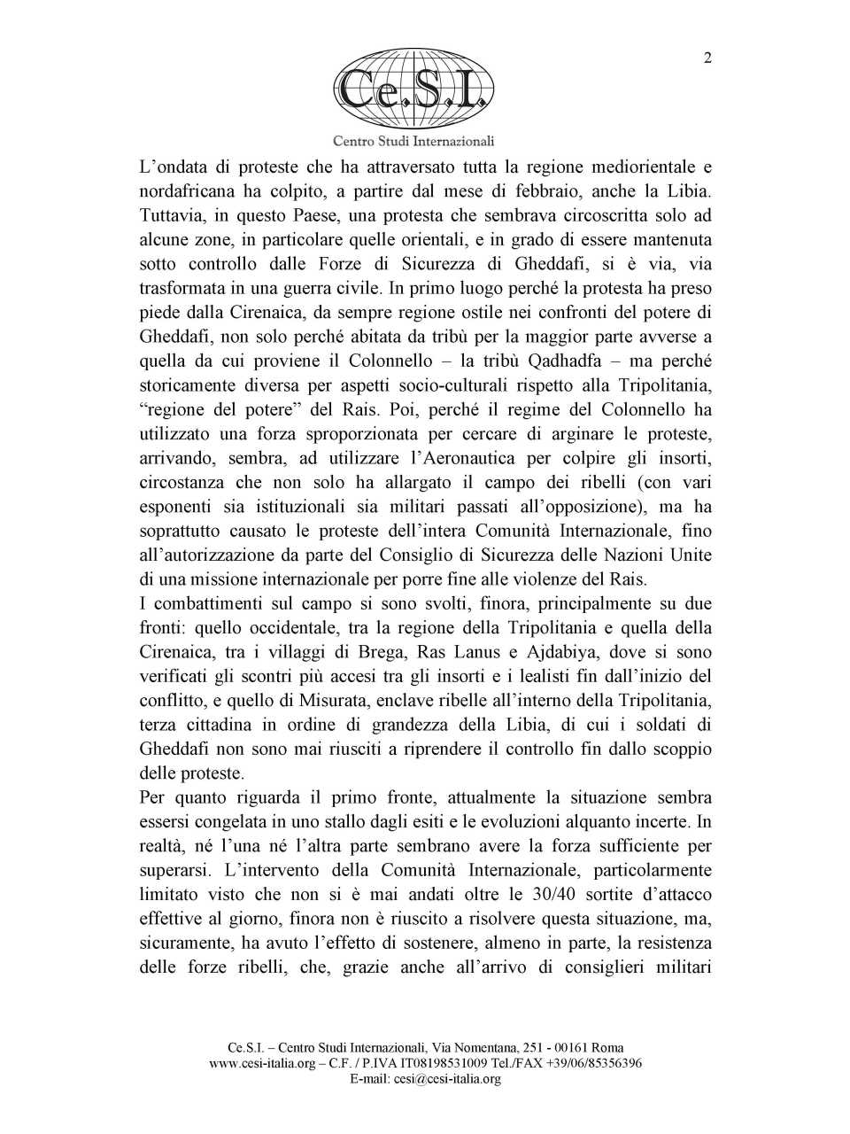 Nota per il Senato della Repubblica sulla crisi in Libia