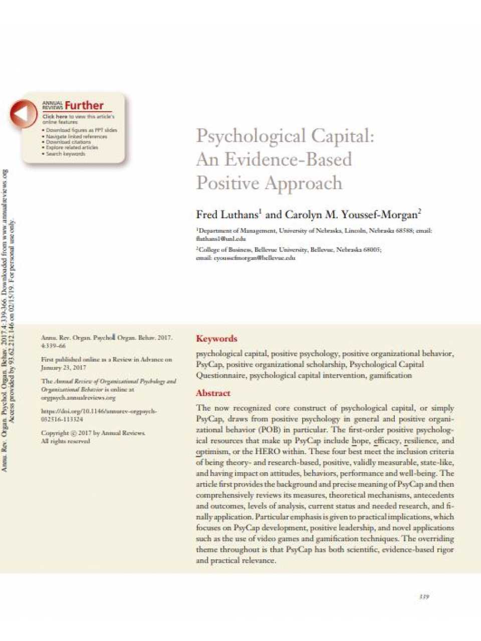 Psychological Capital: An Evidence-Based Positive Approach