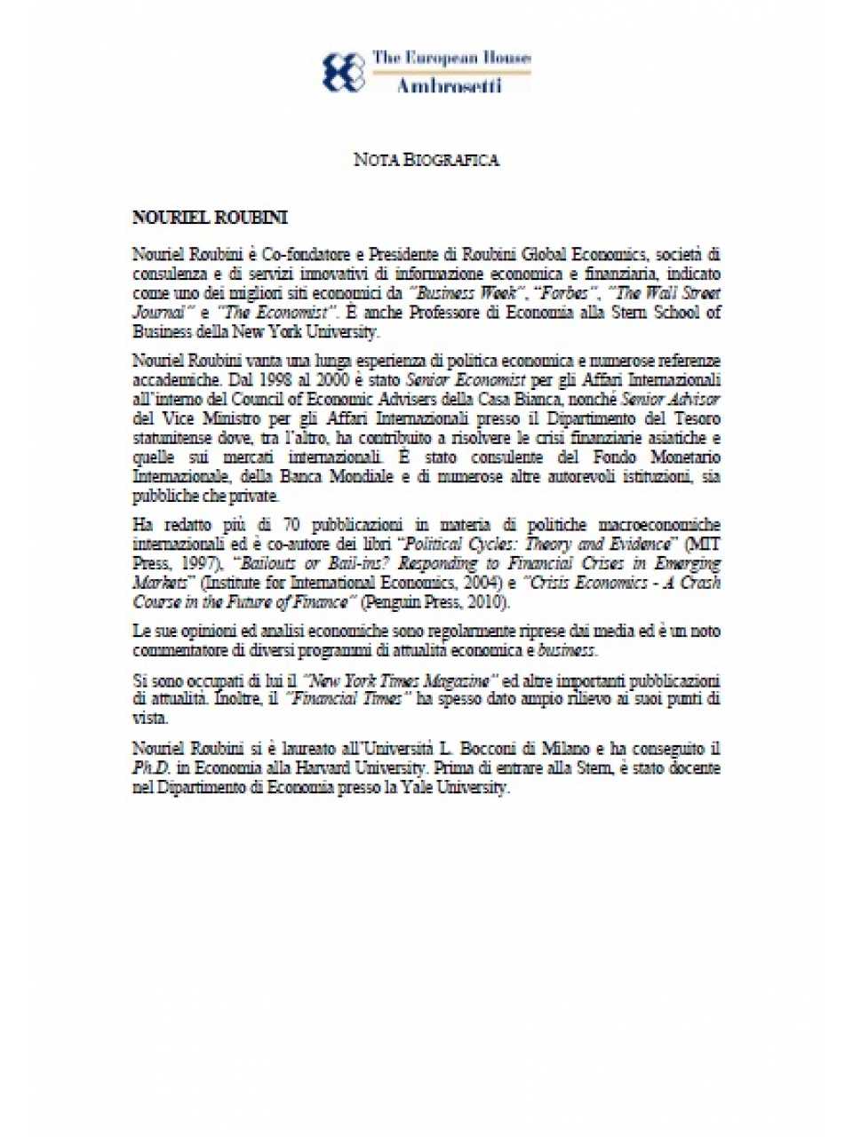 Nota biografica - Nouriel Roubini