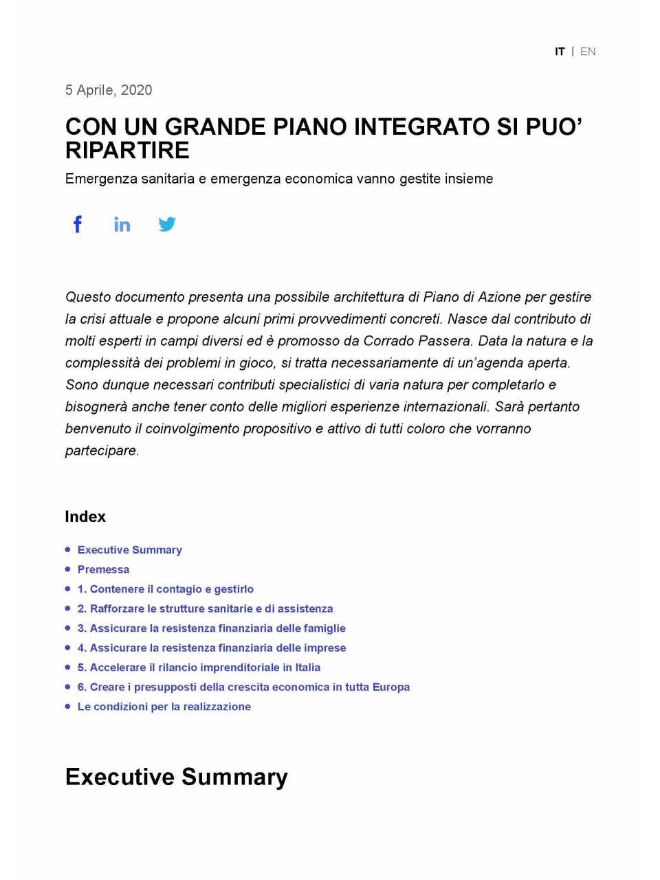 AGGIORNAMENTO PERMANENTEVIA WEBReopenItaly: un piano integrato per superare l’emergenza e rimettere in moto l’Italia