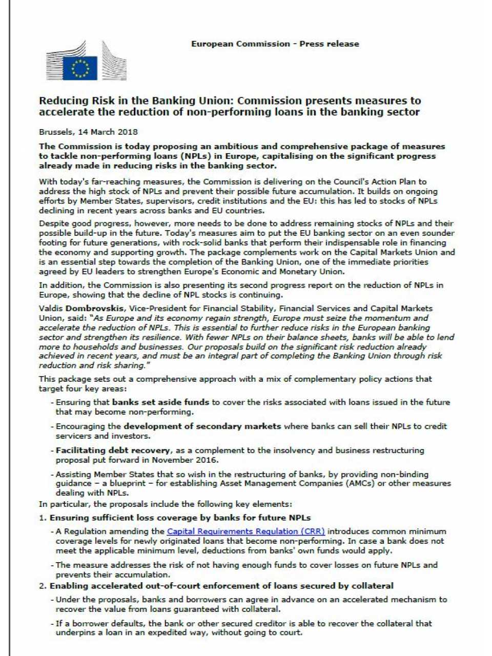 Reducing risk in the banking union: commission presents measures to accelerate the reduction of non-performing loans in the banking sector