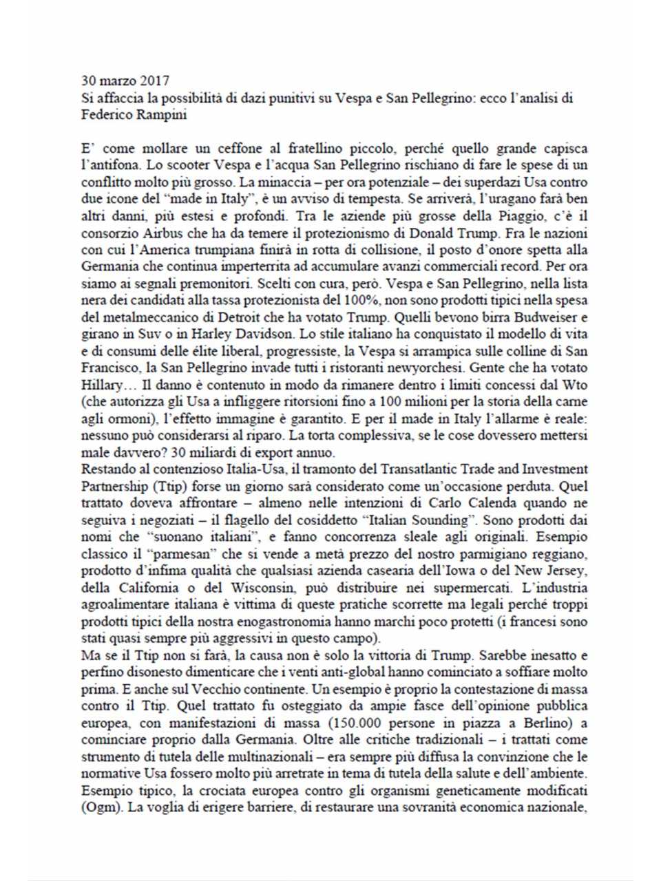 Si affaccia la possibilità di dazi punitivi su Vespa e San Pellegrino: ecco l’analisi di Federico Rampini