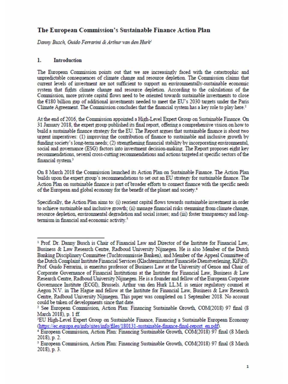The European Commission's Sustainable Finance Action Plan, Position Paper di prossima pubblicazione per la Banca Centrale Olandese