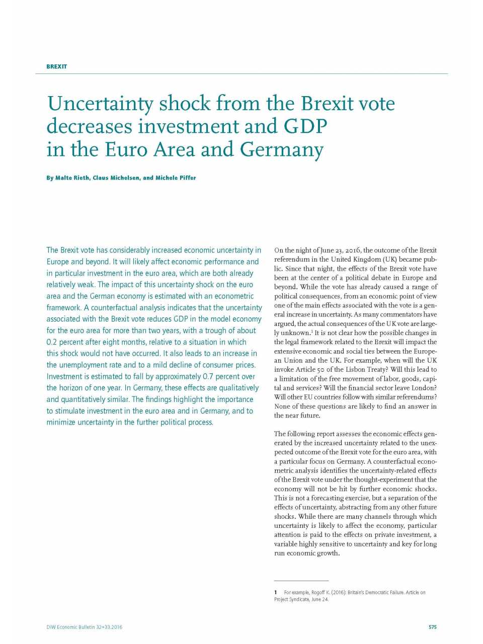 Uncertainty shock from the Brexit vote decreases investment and GDP in the euro area and Germany