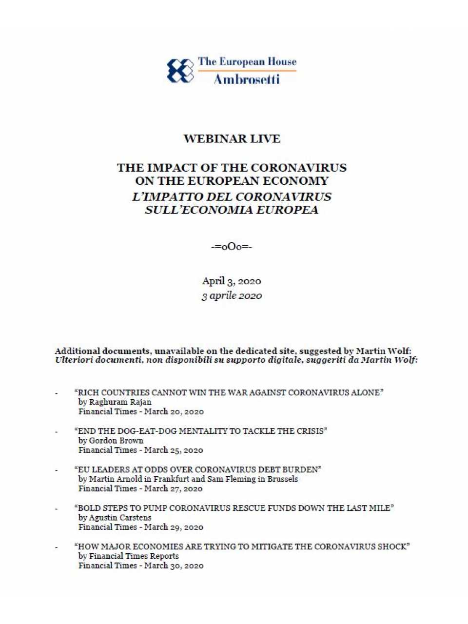 AGGIORNAMENTO PERMANENTEVIA WEBL’impatto del coronavirus sull’economia europea