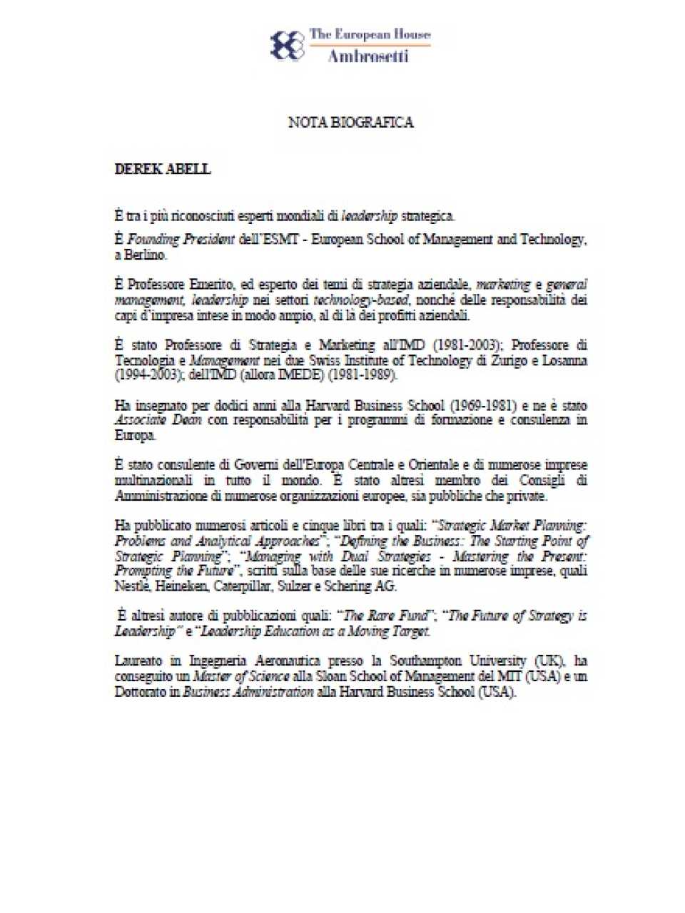 Nota biografica - Derek Abell