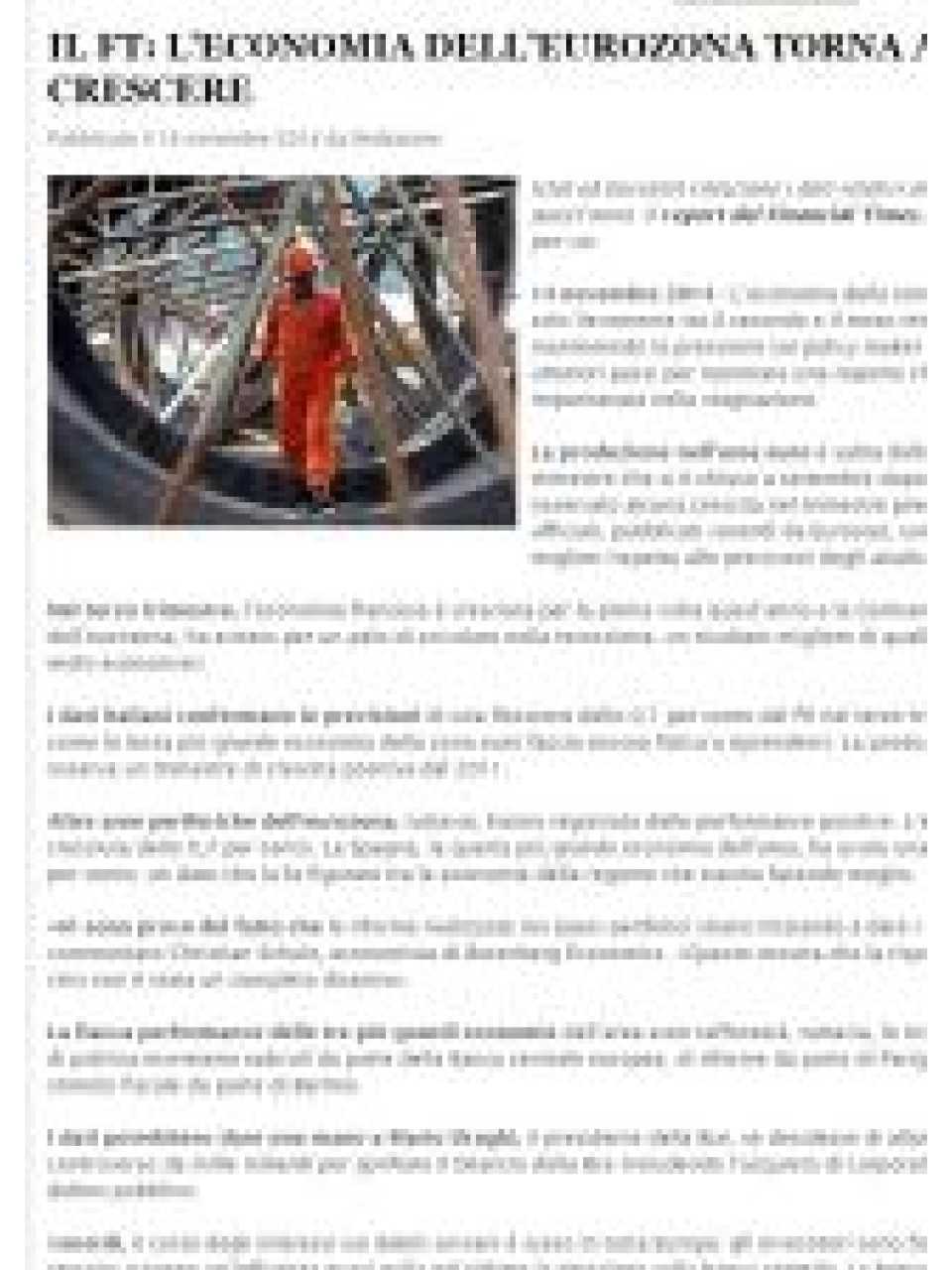 Il FT: l'economia dell'eurozona torna a crescere