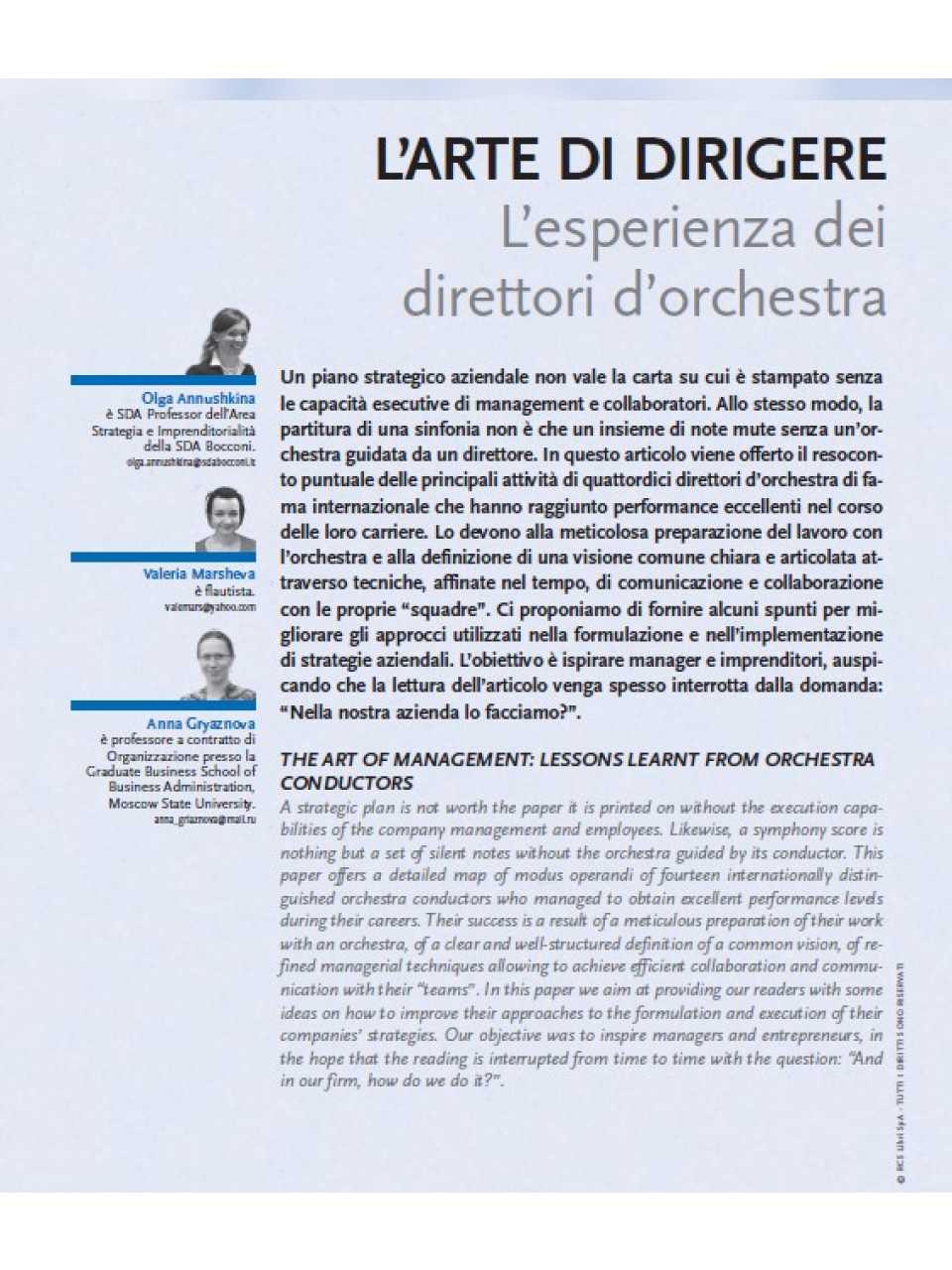 L'ARTE DI DIRIGERE. L'esperienza dei direttori d'orchestra